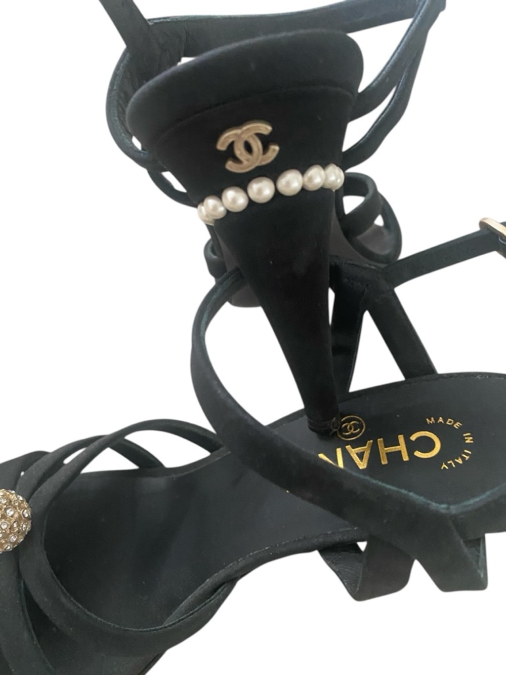 CHANEL Black Satin Strappy Heels with Pearl & Crystal Ornaments size 40 - Picture 7 of 11